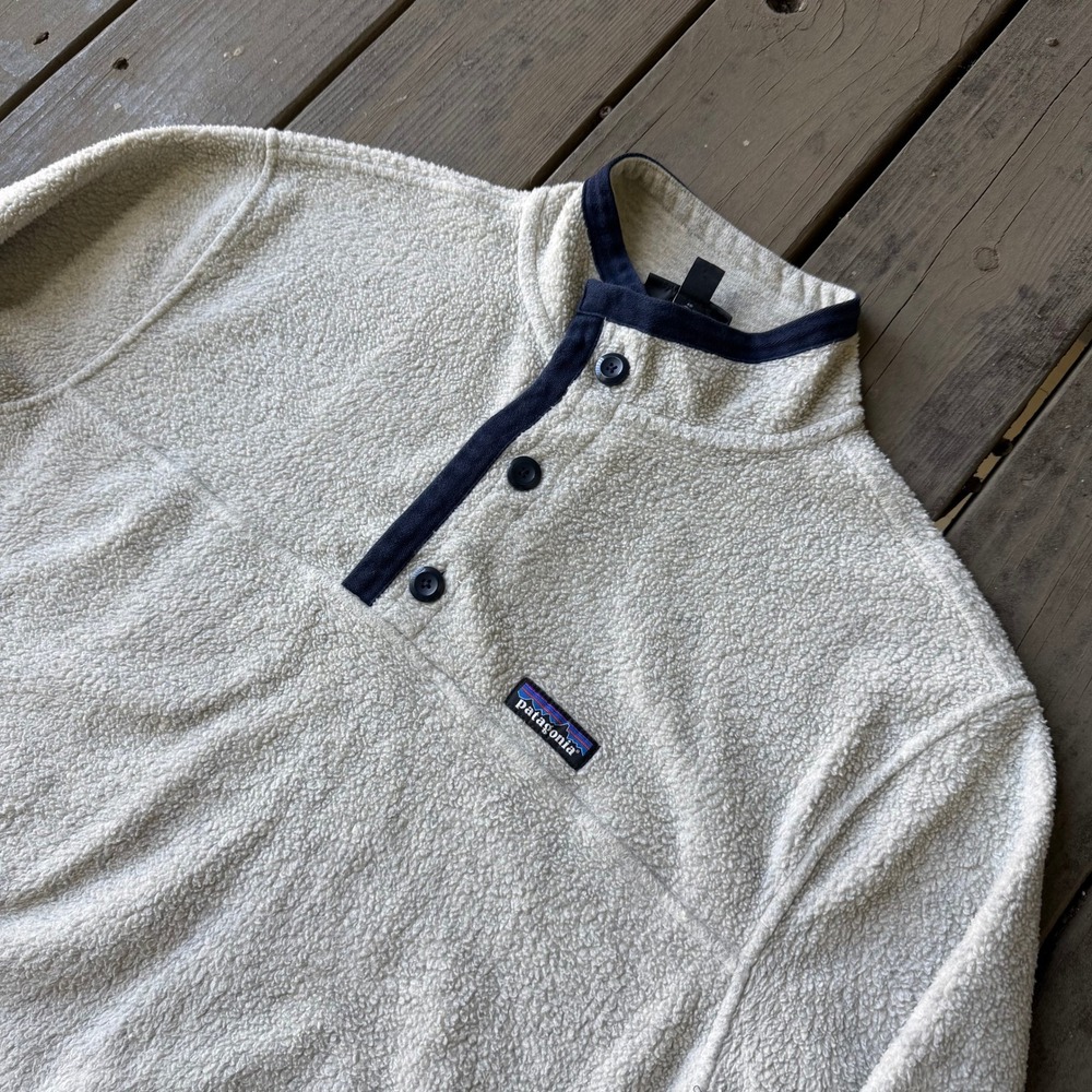 Patagonia Re-Tool Snap-T Fleece Pullover Oatmeal Navy Blue Large - Picture 2 of 5